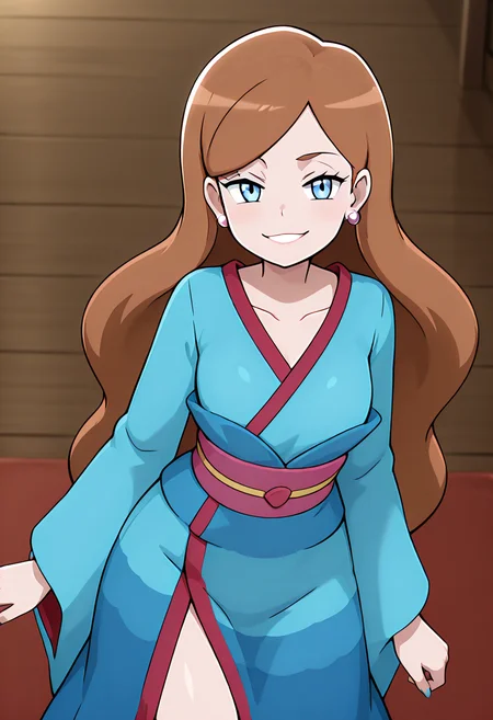 masterpiece, best quality, 1girl, solo, looking at viewer, smile, zzLinnea, blue eyes, brown hair, long hair, earrings, blue kimono, sash, , <lora:LinneaPokemon_IXL_v2:1.0>, , smile, looking at viewer, cowboy shot, leaning forward, smug, aged up, <<lora:MantisIXL_v2:0.8>,