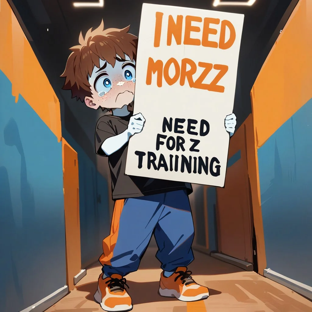 guy holding up a sign that says "I need more buzz for training."
masterpiece, best quality, 
1boy, solo, (white skin), brown hair, athletic, freckles, black shirt, t-shirt, chin scruff, blue pants, big eyes, blue eyes, huge pupils, checkerboard symbol on shirt, orange shoes, full body, sign, tears,