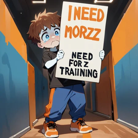 guy holding up a sign that says "I need more buzz for training."
masterpiece, best quality,
1boy, solo, (white skin), brown hair, athletic, freckles, black shirt, t-shirt, chin scruff, blue pants, big eyes, blue eyes, huge pupils, checkerboard symbol on shirt, orange shoes, full body, sign, tears,
