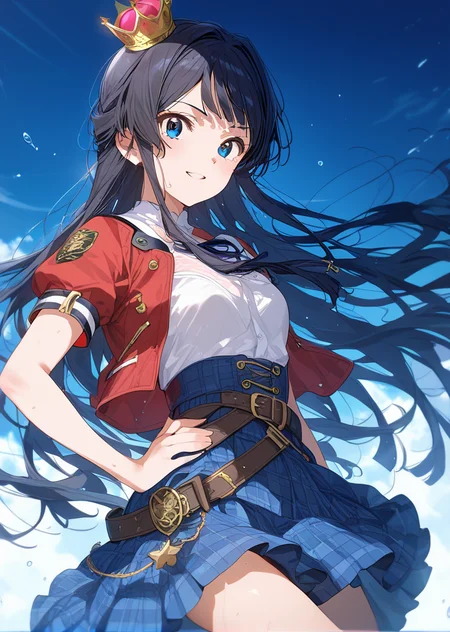 1girl, shizuka mogami\(m@ster miu\), bangs, black hair, blue eyes, long hair,
shizuka mogami\(m@ster miu\), belt, crown, blue skirt, short sleeves, red jacket, white shirt, idol clothes,
looking_at_viewer,
<lora:shizuka_mogami_pony_no_v2:0.8> <lora:no-style:0.8>, score_9, score_8_up, score_7_up, source_anime, BREAK, high_res,