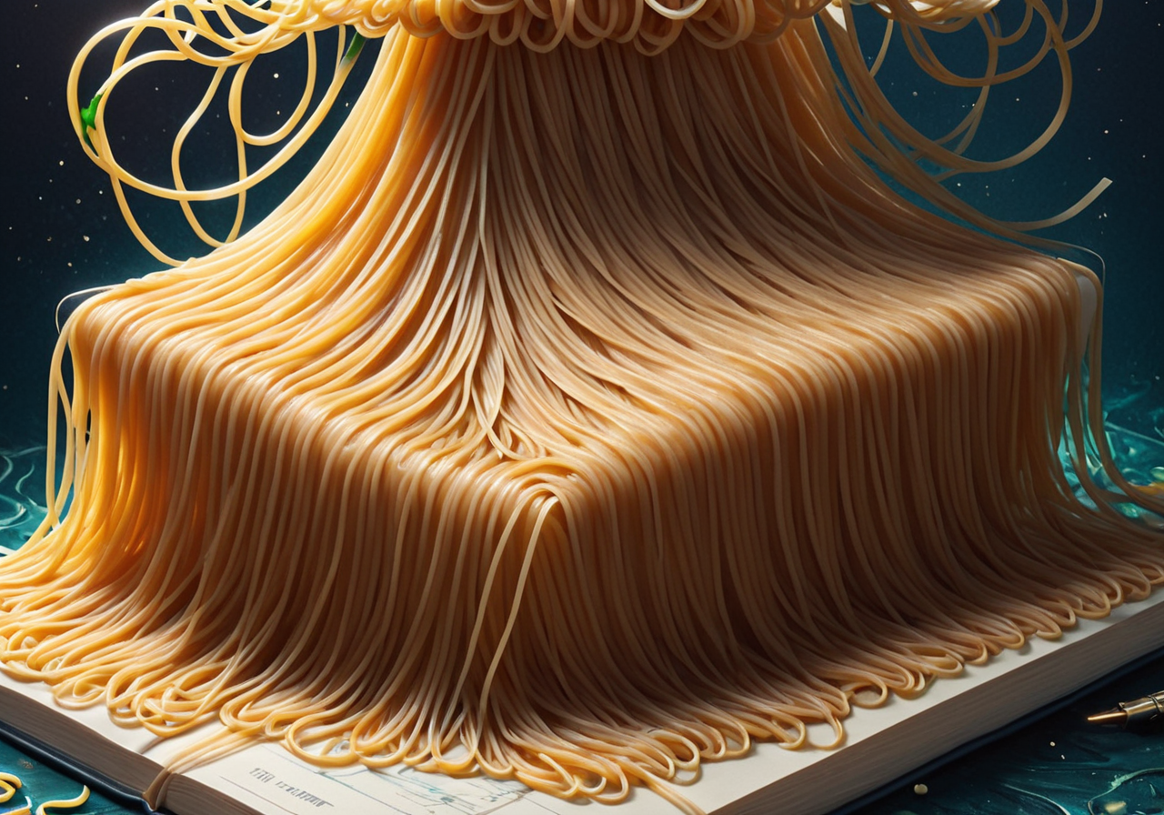 Surrealist art (Digital Artwork:1.3) of (Visual novel:1.3) <lora:Book_FFusion_32:1> a book with spaghetti on top of it, intricate pasta waves, made of spaghetti, amazing food illustration, noodles, spaghetti, intricate art deco pasta designs, amazing food photography, spaghettification, ultrarealistic illustration, super realistic food picture, highly detailed surrealist art, cake art, hyperrealistic illustration, stunning artwork, photo taken of an epic intricate,CGSociety,ArtStation,(Abstract Art:1.3),(Surrealism Art:1.3),(Abstract Illusionism:2),naturalism,land Art,regionalism,shutterstock contest winner,trending on unsplash,featured on Flickr . Dreamlike, mysterious, provocative, symbolic, intricate, detailed