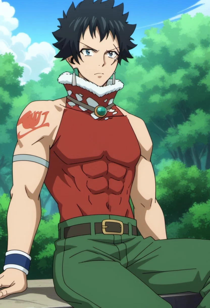 score_9, score_8_up, score_7_up, source_anime, rating_safe, MestFT, Mest scar, grey Mest earrings, 1boy, male focus, anime screencap, black Mesto hair, brown-green Mest necklace, red FT tattoo, red-white Mest shirt, grey Mest armlet, blue Mest wristband, black-yellow Mest belt, green Mest pants, cropped feet, sitting,