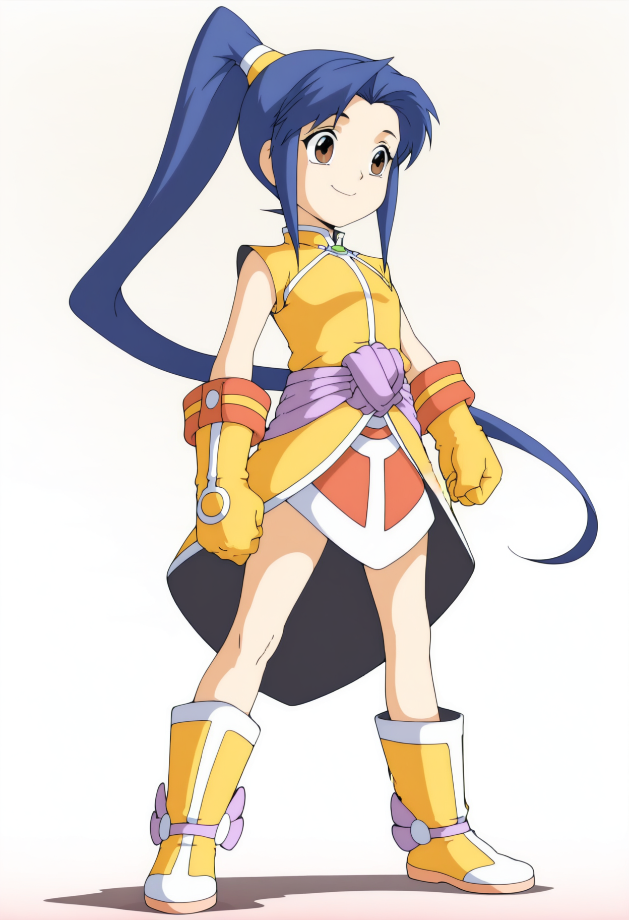 <lora:é¿å¨1:1>,ajiao,1girl,long hair,ponytail,sleeveless,red skirt,yellow dress,belt,yellow boots,yellow gloves,simple background,white background,brown eyes,blue hair,standing,full body,smile,close_mouth,solo,, masterpiece,best quality,amazing quality,anime coloring,anime screencap