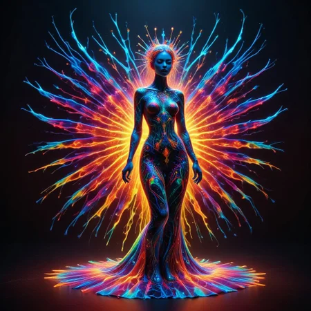 a full body fire entity with multicolored flames, professional photography of an fantastical warrior princess entirely made of cyberflies with whimsical elements, swirling magic, eerie fairytale landscape, elaborate fantasy style art, very colorful, intricate details, ultra sharp, exquisite detail, flawless composition, vivid colors, masterpiece, exciting background, TAS, TASvisuals, Psychedelic , Rave, Elaborate , Blacklight , Vibrant , cyberflies, black light paint, blp, Colorful Chaos Cracks and Drops, mad-glowtiedye, made out of,colorful,liquid,Murano Art Glass