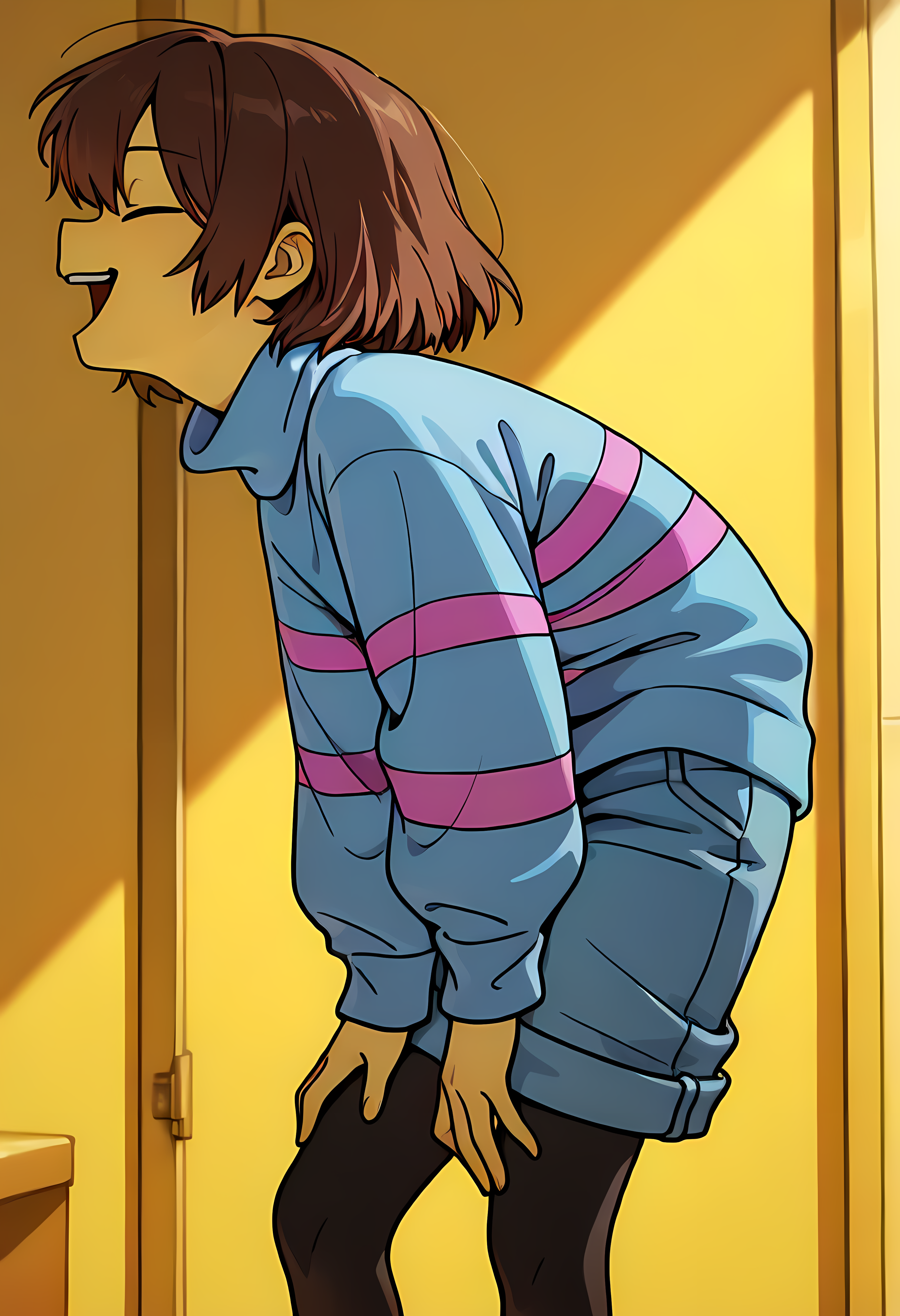 1 girl,,short hair, purple outfit,  frisk , brown hair, closed eyes,,, sweater, evil smile,, solo, striped sweater, striped, ,  shorts,blue shirt,purple striped shirts, <lora:Frisk_new_ill:1>,turtleneck,frisk,pantyhoes<lora:add-detail-xl:1>,masterpiece,best quality,amazing quality,very aesthetic,absurdres,newest,huge filesize,<lora:spo_sdxl_10ep_4k-data_lora_webui:0.5>,detailed background,from side,,yellow hall, ( undertale ),face focus, leaning forward, open mouth,black legwear