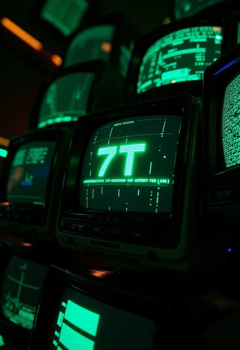CRT displays scattered, eerie lighting, retro green display saying "7T", glowing lines, render, futuristic, glitch, matrix, 7-retrofuturism, 7-analogue interfaces
