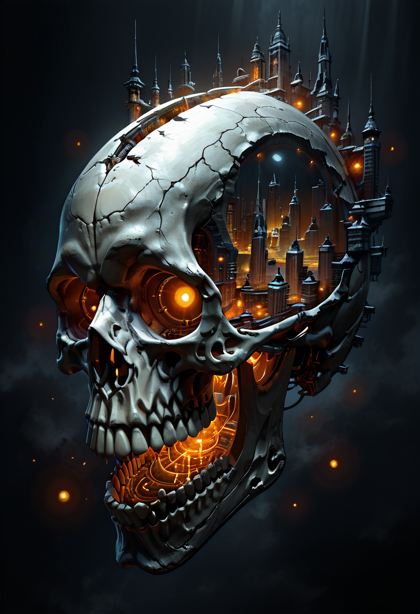 masterpiece, best quality, no humans,   ,<lora:SkullWorld_IXL:0.7>,  zzSkullWorld, a colossal, skull-shaped structure floating in the depths of space, with a sprawling cityscape built across the top of its jagged, bony surface. The city is a haunting fusion of gothic architecture and futuristic design, with towering spires, arcane towers, and massive bridges that stretch across the skullâs eye sockets and hollowed features. The buildings are constructed from dark, metallic materials, some polished to a mirror-like finish, while others are weathered and cracked, giving the city an ancient, dystopian vibe. Neon lights pulse from the windows of the structures, casting a ghostly glow that flickers through the cracks of the skullâs surface. The city is alive, with flying vehicles weaving between the towers, their engines leaving trails of light as they navigate the eerie landscape. In the distance, enormous statues of ancient gods and monstrous figures stand guard over the city, their eyes glowing like lanterns. Above, the stars form a shimmering backdrop, while around the city, a network of glowing energy fields provides power to the metropolis, flickering like veins of light running through the skull. The skullâs eye sockets glow with a deep, ominous hue, casting an unsettling light over the entire city, while the cityâs streets bustle with life and shadowy figures moving in and out of the alleys. This towering, otherworldly city seems to pulsate with dark energy, as if the skull itself is alive and watching, ever aware of the activity on its surface.