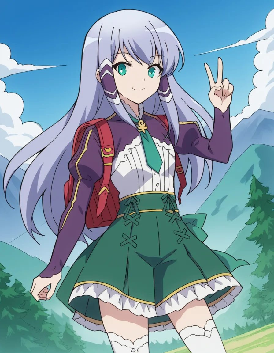 score_9, score_8_up, score_7_up, source_anime, <lora:elze-silhoueska-s2-ponyxl-lora-nochekaiser:1>, elze silhoueska, long hair, blue eyes, green eyes, blue hair, aqua eyes, hair tubes,, skirt, thighhighs, white thighhighs, puffy sleeves, white shirt, necktie, green necktie, purple sleeves, green skirt, frilled skirt, mountain trail, hiking, nature, backpack, adventure, fresh air, smile, v,, looking at viewer, solo,, dutch angle, cowboy shot