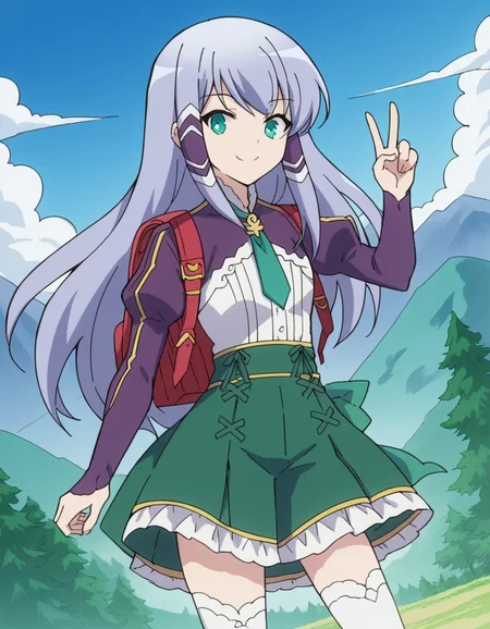 score_9, score_8_up, score_7_up, source_anime, <lora:elze-silhoueska-s2-ponyxl-lora-nochekaiser:1>, elze silhoueska, long hair, blue eyes, green eyes, blue hair, aqua eyes, hair tubes,, skirt, thighhighs, white thighhighs, puffy sleeves, white shirt, necktie, green necktie, purple sleeves, green skirt, frilled skirt, mountain trail, hiking, nature, backpack, adventure, fresh air, smile, v,, looking at viewer, solo,, dutch angle, cowboy shot
