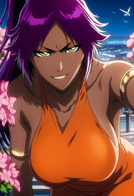 long hair, black pupils, purple hair, ponytail, dark skin, dark-skinned female, high ponytail, yellow eyes, high ponytail, high definition, detailed eyes, TiteKuboStyle, TiteKuboAnimeStyle, BleachTybwStyle, vslinxbleachtybw
OUTFIT:
orange dress, highly detailed, highres, high quality, best quality, volumetric lighting, UHD, skin texture, skin detail, high quality skin, highly detailed,bracelets, busty breasts.
BEHAVIOR:
seductive pose, gold armlet, mature female, dutch angle, beautiful face, serious, arms open, bent forward, portrait, medium breasts, <lora:seductive-smile-ponyxl-lora-nochekaiser:1>, seductive smile, come hither, naughty face.
BACKGROUND:
cheery tree, city, wooden bridge, pink flowers, gardens, birds.
