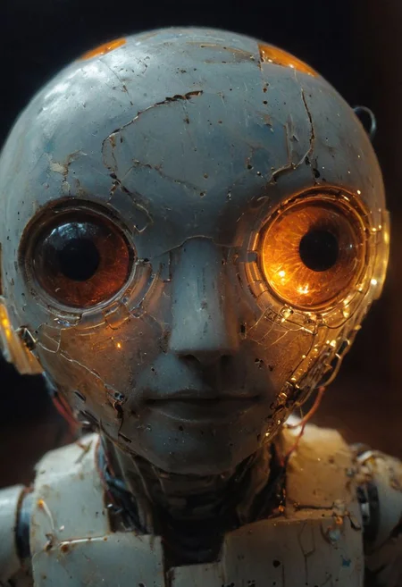 Capture the intricate perfection of an bot in an extreme close-up: its plastic, angular face reveals detailed high-tech parts exposing translucent circuit boards, light-wires, and circuits delicately shimmering. The deep eye sockets resemble translucent bright blue/orange and luminous galaxy colored suns, infinitely deep and interesting. deep dark background, illuminated from within,
atmospheric haze, Film grain, cinematic film still, shallow depth of field, highly detailed, high budget, cinemascope, moody, epic, OverallDetail, gorgeous, 2000s vintage RAW photo, photorealistic, candid camera, color graded cinematic, eye catchlights, atmospheric lighting, skin pores, imperfections, natural, shallow dof