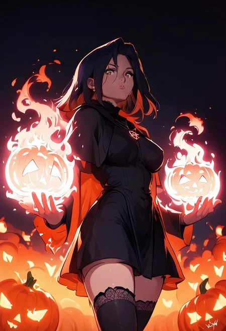safe_pos, safe_pos, score_9, score_8_up, score_7_up, score_6, ultra detailed, side view, whr0b1n, VCuteStyle
minomi, one beautiful girl, yen_w3, mature female, femme fatal, milf, perfect hands, brown eyes, long black hair, attractive, beauty, lumina, mystical, multicolored, glowing, magic swirling, glowing magical energy, Magical pose, it would be, Pose very serious, Green, purple and blue magic, Magic green, magic purple, magic blue, auralora, Sexy and sensual legs, legs apart,
 pentagram necklace, black thighhighs, lace thighhighs, thick, curvy, reij-bewitched, modern magician interior, alchemist interior, gothic, night, neon light, dark dimmed light, looks at the viewer, (floating pumpkins:1.2), upper body, (front view:1.2), from below, reij-drkrt, dark colored shadow, neon details, low contrast, (purple color grading), <lora:reij-darked:0.5>
