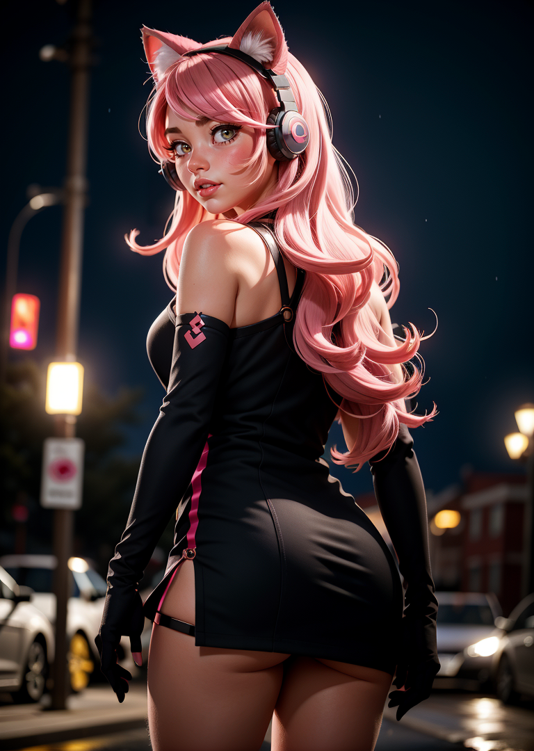 1girl,  cat ear headphones, cat ears, dress, gloves, headphones, lips, long hair, pink hair, rain, solo,  looking at viewer, bokeh,feet out of frame, from behind, 
masterpiece, best quality, <lora:epiC35mm:1> epiC35mm <lora:epiCRealismHelper:1>,  <lora:contrast_slider_v10:2>
 <lora:weight_slider_v2:0.6> <lora:add_sharpness:1.0><lora:add_sharpness:1.0>