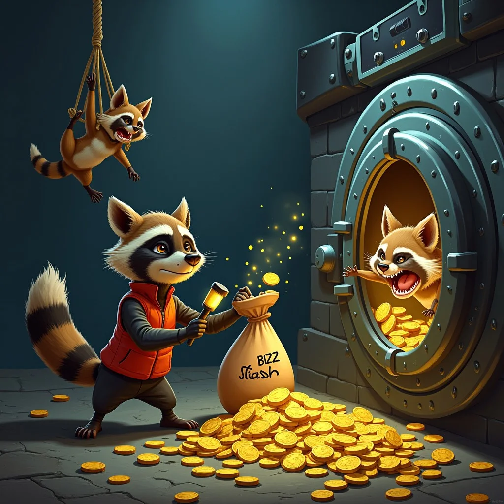 A dimly lit bank vault, its massive steel door cracked open. Inside, golden buzz coins are stacked high like treasure, glowing with electric energy. The scene looks like the perfect heist—until you notice the thieves.
In the center of the chaos, a raccoon wearing a ski mask is caught red-handed, frozen mid-swipe with a sack labeled "Buzz Stash" overflowing with stolen buzz coins. His wide, guilty eyes stare at a security guard dog who just walked in, holding a flashlight. The dog, a big, burly bulldog in a security vest, squints suspiciously and growls, "Hey... wait a minute..."
To the raccoon's left, another raccoon—also in a ski mask—is hanging upside down from a rope like a spy, holding a single buzz coin like it’s the greatest treasure in the world. His tail is tangled in the rope, and he looks extremely panicked.
On the right, a third raccoon—comically stuffed inside a buzz coin vault—peeks out, holding a walkie-talkie. He whispers urgently, "Code Red! The fuzz found the buzz!"