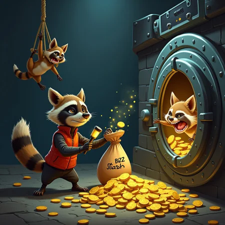 A dimly lit bank vault, its massive steel door cracked open. Inside, golden buzz coins are stacked high like treasure, glowing with electric energy. The scene looks like the perfect heistâuntil you notice the thieves.
In the center of the chaos, a raccoon wearing a ski mask is caught red-handed, frozen mid-swipe with a sack labeled "Buzz Stash" overflowing with stolen buzz coins. His wide, guilty eyes stare at a security guard dog who just walked in, holding a flashlight. The dog, a big, burly bulldog in a security vest, squints suspiciously and growls, "Hey... wait a minute..."
To the raccoon's left, another raccoonâalso in a ski maskâis hanging upside down from a rope like a spy, holding a single buzz coin like itâs the greatest treasure in the world. His tail is tangled in the rope, and he looks extremely panicked.
On the right, a third raccoonâcomically stuffed inside a buzz coin vaultâpeeks out, holding a walkie-talkie. He whispers urgently, "Code Red! The fuzz found the buzz!"