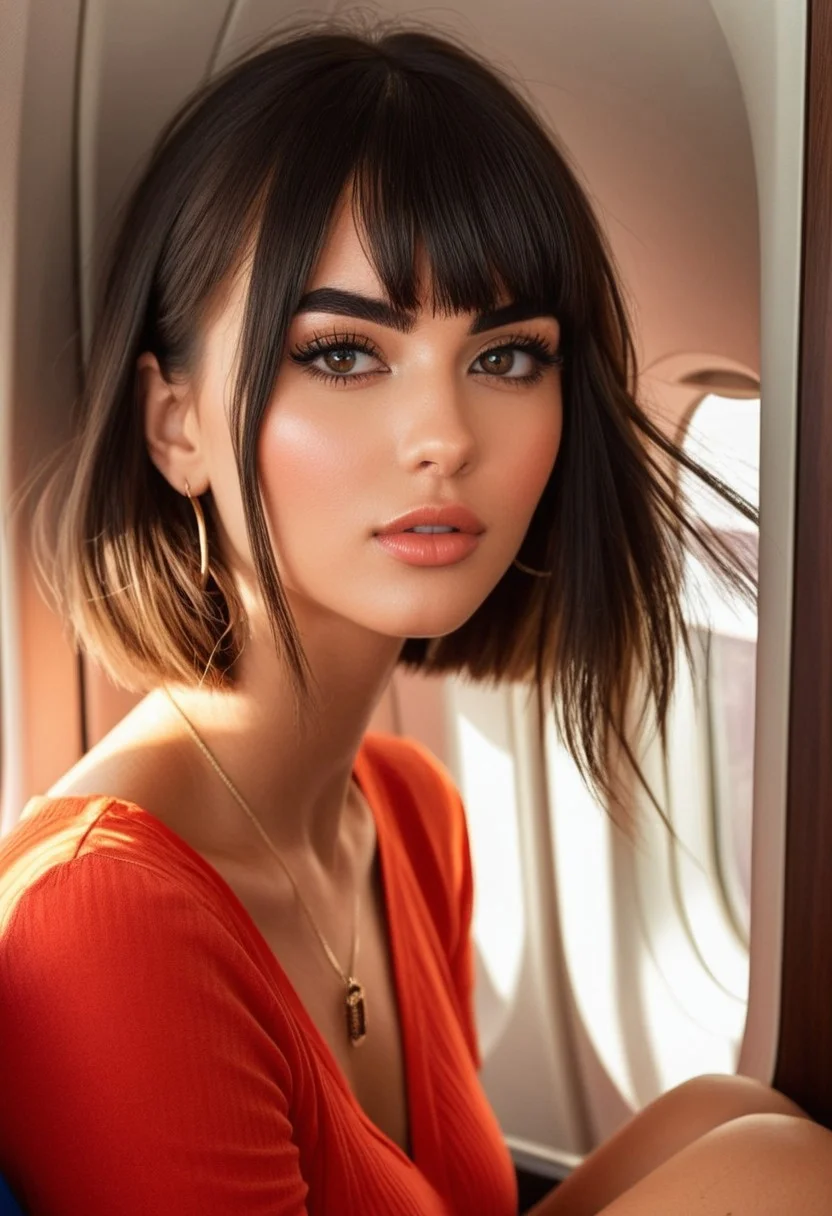 score_9,score_8_up,score_7_up, hyper-sexualized flight attended, aesthetically pleasing, bangs, thick eyebrows