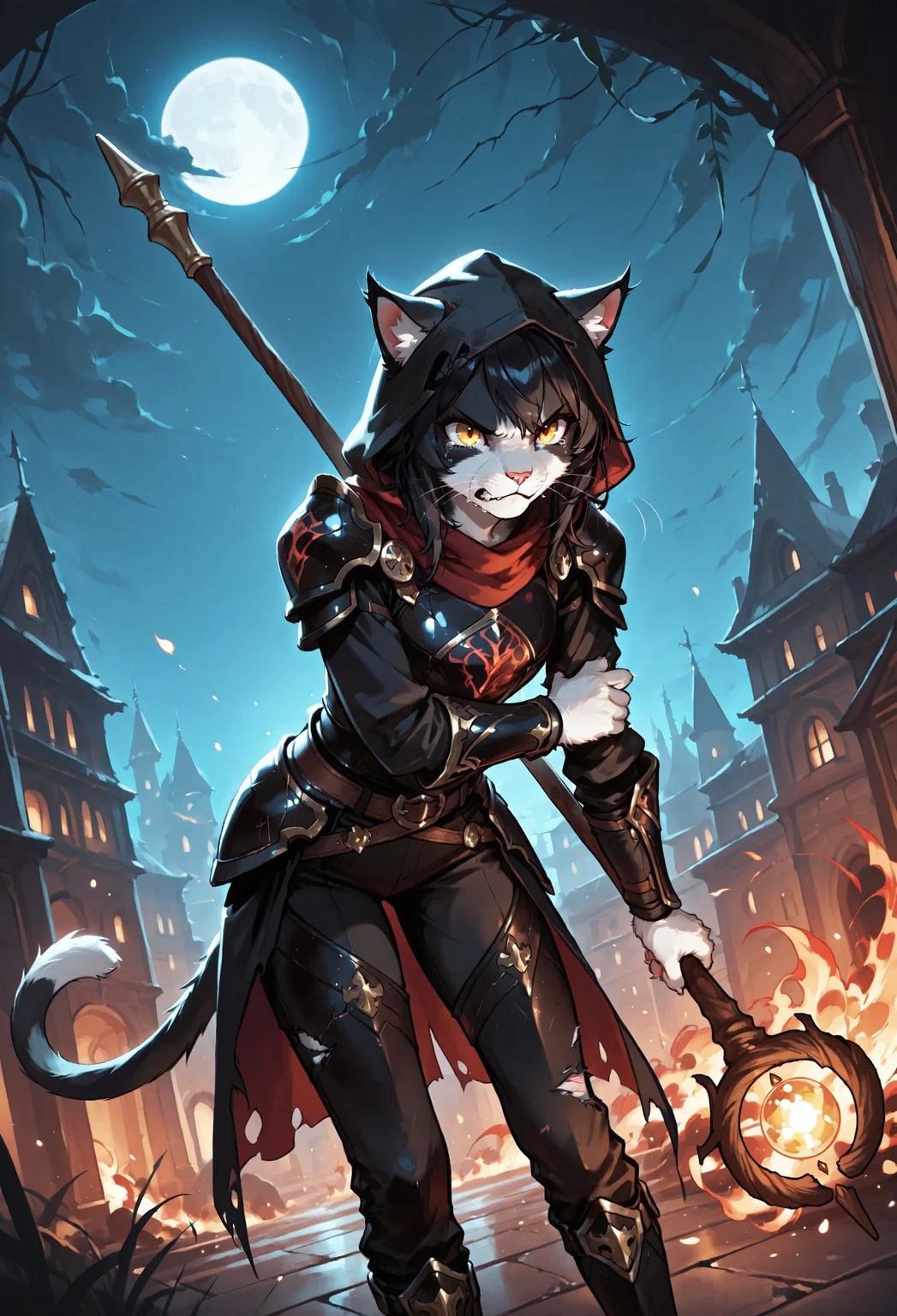 score_9, score_8_up, score_7_up, (solo), sfw BREAK 1girl, Ember (ESO), anthro, feline, black and white fur, cat tail, black hair, slim, (black armor:1.2), pants, hood, yellow eyes, (holding wizard's staff:1.2), BREAK in the fantasy city, city, everything burning around, growl, angry, standing, crying, fire around, beautiful background, night, extremely detailed, cinematic soft lighting, tranquil setting, holding arm with her hand, head leans forward, wounded, torn clothes, epic lighting, dim light, detailed background, sharp focus, extremely detailed, high detail, dynamic angle, dynamic pose