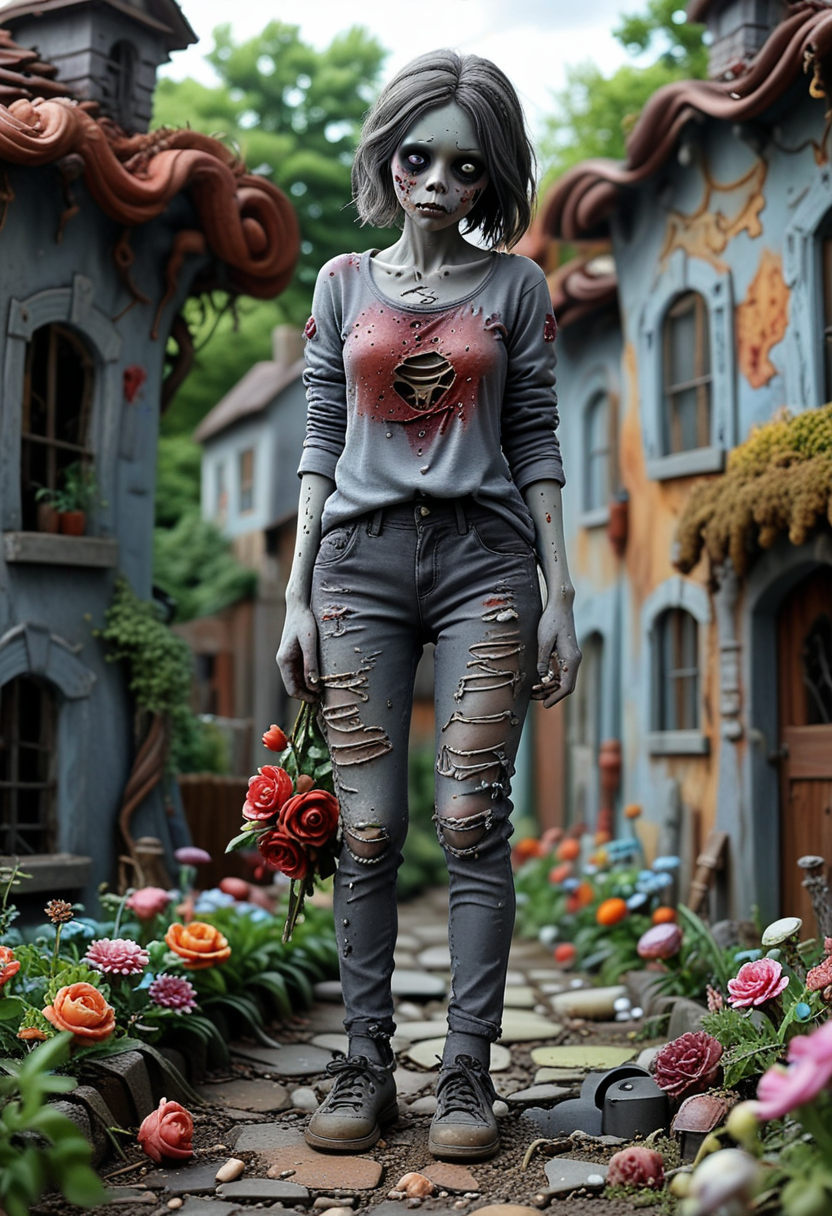 crawling(spooky zombie) feminine, lithe body,  wearing putrid gray decayed blouse, ragged pants, decayed shoes, rotting flesh effect, holding rotten flowers, set in  a desolate town, with abandoned houses, eerie atmosphere, overgrown gardens, and chilling presence , Masterpiece,best quality, very aesthetic,