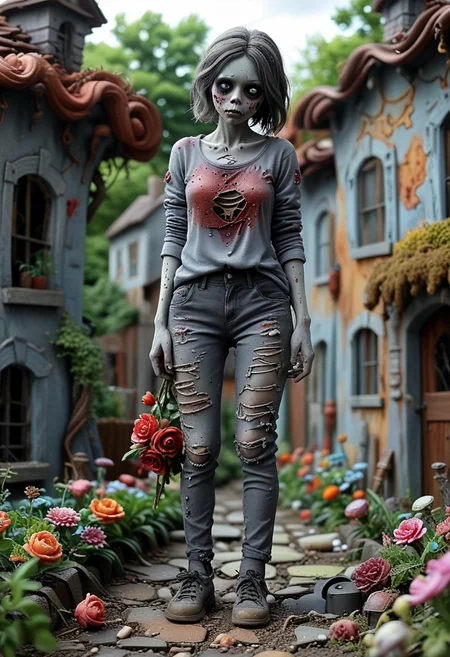 crawling(spooky zombie) feminine, lithe body, wearing putrid gray decayed blouse, ragged pants, decayed shoes, rotting flesh effect, holding rotten flowers, set in a desolate town, with abandoned houses, eerie atmosphere, overgrown gardens, and chilling presence , Masterpiece,best quality, very aesthetic,