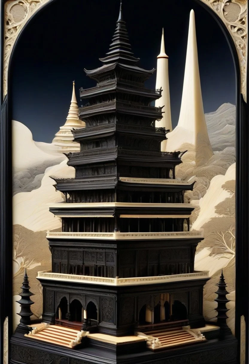(masterpiece, detailed:1.2), best quality, intricate tower, made out of, ebony, ivory, scrimshaw, bone carving