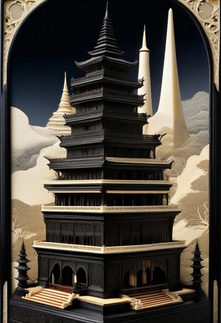 (masterpiece, detailed:1.2), best quality, intricate tower, made out of, ebony, ivory, scrimshaw, bone carving