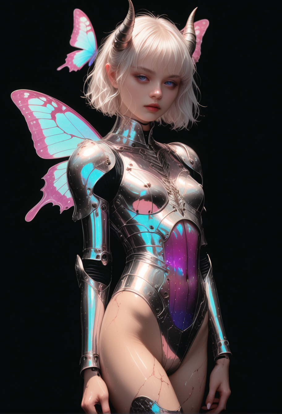 luna rae lily, lilyrae, forced perspective, (iridescent_holographic:0.5), uwu style, reflective, iridescent knight, see-through, (holographic armor), surrealism, luna_valentine, falling, chromatic metallic, female, transparent, takin in the 90s, analog film, kodak snapshot, photography, 100mp, filmic, proportional facial features, imperfect skin, film grain, screen grab, technicolor, digital cinema, overprint, sharp focus, solo, albino, high quality, realistic, black background, reaching forward, leaning forward, pastel, extended, scanlines, 80s dark fantasy, Smo0thL1nes, very pretty, in the style of uwu ethots, color splash, emerging from the depths, liquid, fluid, devil horns, devil girl, reflective

holographic colors, cute, gradient colors, dark background,volumetric lighting,1girl, masterpiece, highly detailed,beautiful eyes, big eyes, detailed eyes, detailed pupils, perfect body, Automaton, colored skin, robot girl, (white_skin), joints, white hair, blue eyes, glowing blue eyes, metal_skin, metal_skin, dynamic pose, body writing,tattoo, barcode, geometric, limited color, flat_color, purple and blue tones, looking at viewer, beautifully background, light particles, {cinematic lighting}, cracked screen, transparent color PVC clothing, transparent color vinyl, on face, ultra-detailed, extremely delicate and beautiful, glitch art, Double exposure, high heels, Chromatic Aberration, Light leaks, Noise and grain, Color degradation, Glitch lettering, design, art, abstract art, geometry, clear lines, squares, bright, limited palette, chahua, leaf, yellow flower, butterfly, white flower, yellow butterfly, bangs, pastel color,minute details, colorful, pixel line pixel pattern super pixel, masterpiece,best quality,amazing quality, Dynamic pose