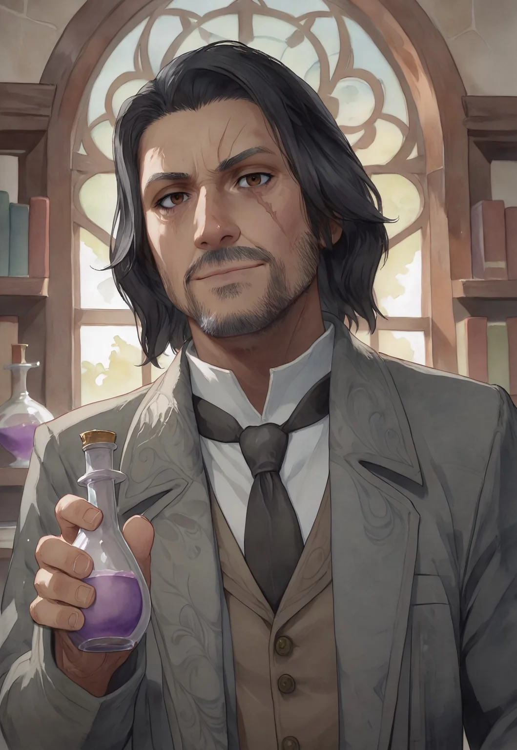 score_9, score_8_up, AesopSharp, relistic, medium hair, facial hair, beard, black hair, brown eyes, necktie, shirt, dark grey coat, brown vest, scar on face, upper body, looking at viewer, smile, detailed background, alchemist lab, books, potions, window, dynamic pose, watercolor \(medium\), traditional media, cowboy shot, holding a potion,