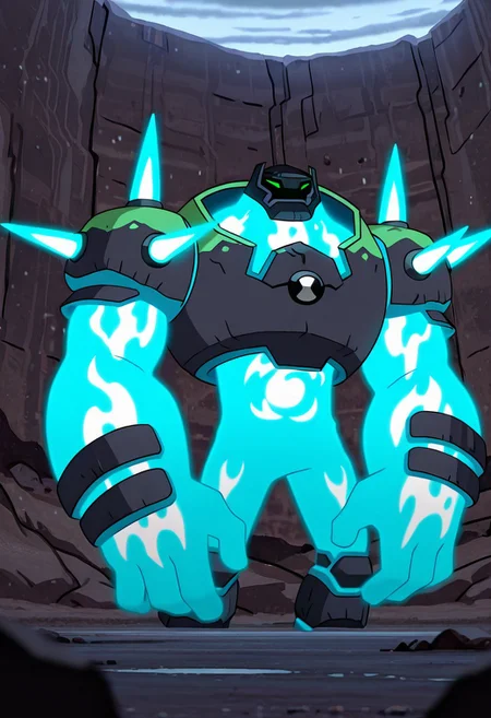 masterpiece, best quality, amazing quality, very aesthetic, absurdres, newest, , detailed background,
movie scene, cinematic scene, cinematic, foreground blur, depth of field,
shckrck, glowing, shoulder spikes, green eyes, helmet, neon trim, blue fire, big arms, massive arms, blue arms, no humans, male focus,