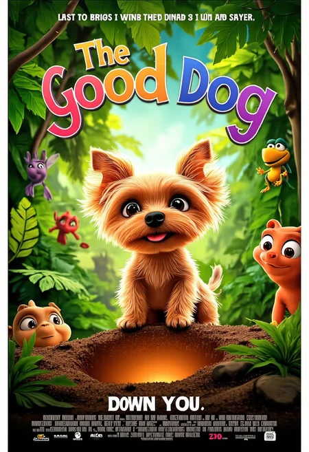 The image shows a vibrant, animated movie poster inspired by the whimsical style of a Pixar film, with a charming Yorkshire Terrier named Allab taking center stage. Allab, with her soft, golden fur and twinkling, expressive eyes, is depicted in a playful stance, ready to strike a pose. Instead of barking, she's wearing a mischievous grin, with her tiny, pink tongue peeking out. Behind her, a lush, verdant jungle unfurls, teeming with life - colorful birds, curious monkeys, and even a friendly, winking frog peeking from behind a giant leaf. The title, "The Good Dog," is written in bold, playful letters, reminiscent of Pixar's iconic typography, arching over Allab like a rainbow, with each letter subtly animated, as if wagging with life. Below, a warm, inviting glow emanates from a cozy, earthen burrow, hinting at the heartwarming adventures and lessons Allab, our unlikely hero, is about to embark on.