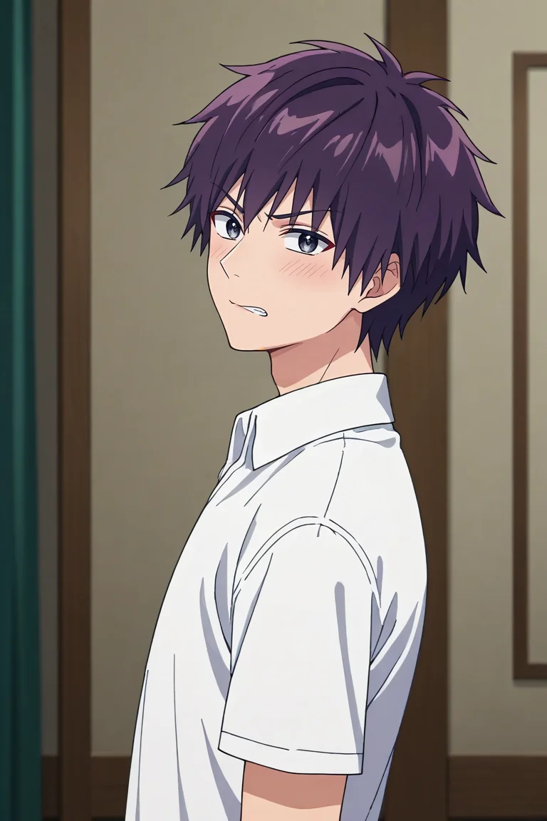 score_9, score_8_up, score_7_up,score_6_up,score_5_up,score_4_up,source_anime,BREAK, rating_safe, intricate details , , , anime screencap, anime coloring, official style, depth of field,1boy, solo, male focus , , , <lora:hiroto:0.77>,hiroto shinohara,purple hair,grey eyes,short hair,bangs,looking at viewer, shirt, closed mouth, white shirt, indoors,blush,clenched teeth,portrait, close-up,from side , , , <lora:sdxl_lightning_8step_lora_315544:1>