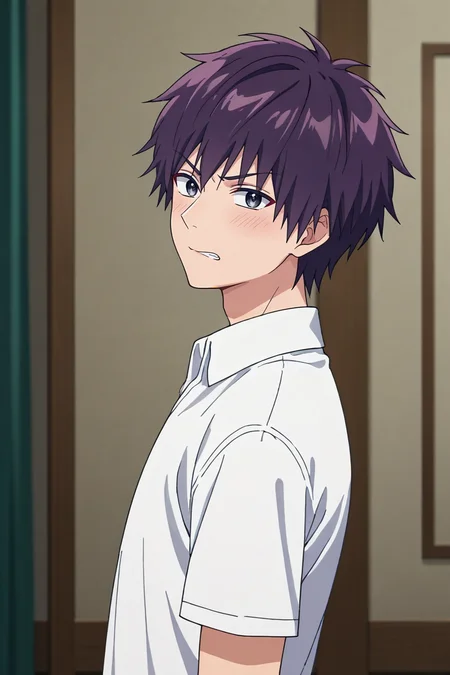 score_9, score_8_up, score_7_up,score_6_up,score_5_up,score_4_up,source_anime,BREAK, rating_safe, intricate details , , , anime screencap, anime coloring, official style, depth of field,1boy, solo, male focus , , ,  <lora:hiroto:0.77>,hiroto shinohara,purple hair,grey eyes,short hair,bangs,looking at viewer, shirt, closed mouth, white shirt, indoors,blush,clenched teeth,portrait, close-up,from side , , , <lora:sdxl_lightning_8step_lora_315544:1>