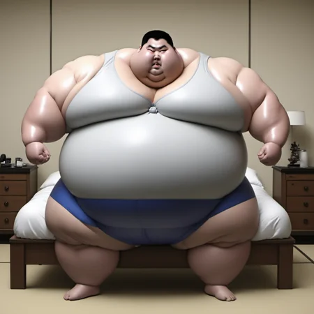 <lora:runga8:0.8>male focus, 1boy, (superchub:1.3), big belly, sumo, solo, thick arms, full body, fat, black hair, fat man,in bed room,white t-shirt