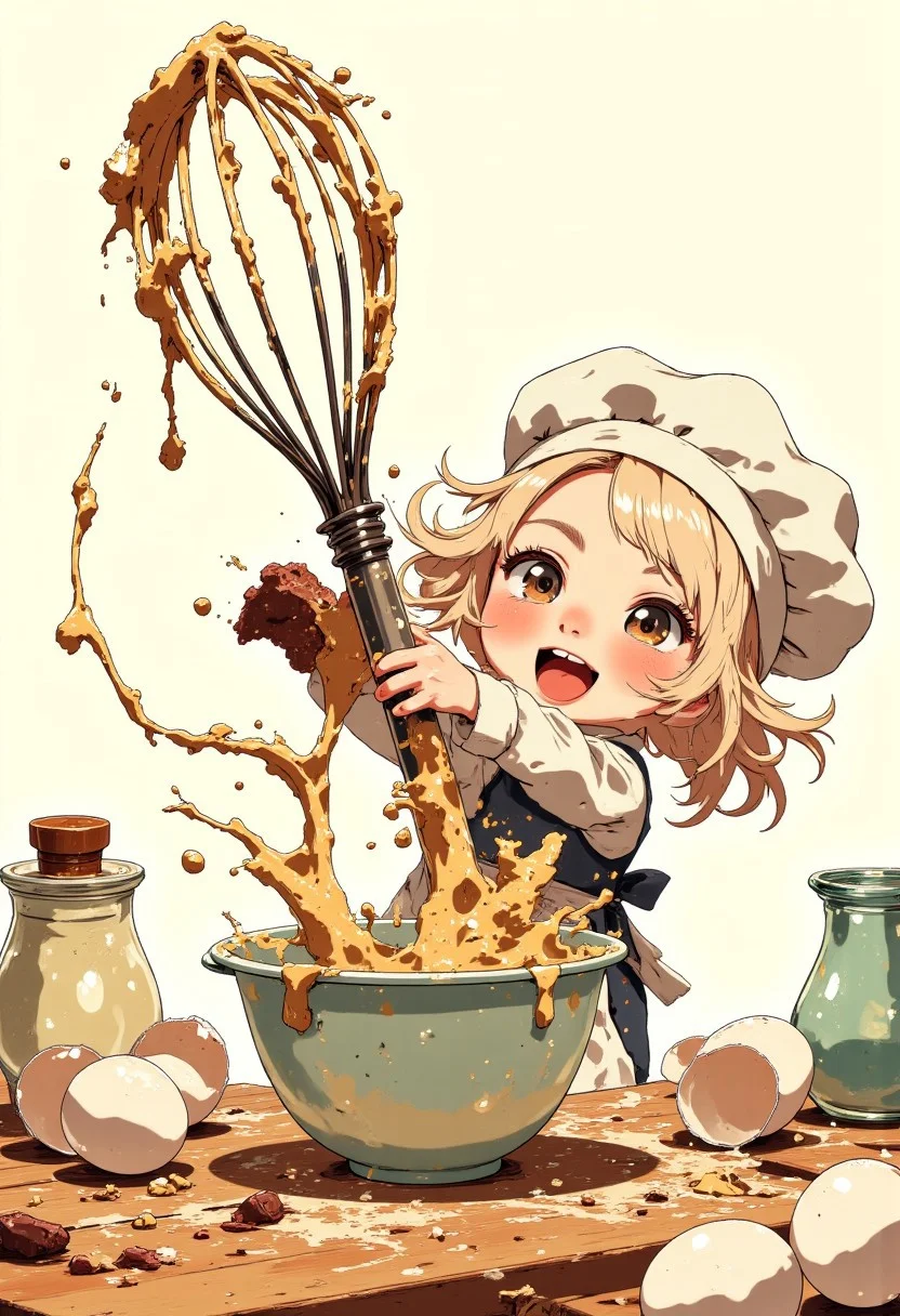 Adorable baker chibi struggling to embrace an oversized whisk that towers over them. Their round cheeks are dusted with flour, and sticky dough is tangled in their fluffy hair, creating a messy but endearing appearance. The whisk is at least twice their height, requiring them to stretch their tiny arms as far as possible just to reach around it. Despite the challenge, they're beaming with determination, standing amid a chaotic kitchen scene with eggshells and sprinkles scattered around. Their miniature chef's hat keeps tilting sideways as they wrestle with the massive whisk, trying to mix a bowl of batter that looks like a swimming pool from their perspective. Flour handprints mark their apron and face, evidence of their enthusiastic baking efforts. A smudge of chocolate decorates one cheek, and their tongue sticks out slightly in concentration as they put their whole body into stirring. Despite being dwarfed by their baking tools, their eyes sparkle with joy at creating something delicious, even if the process is hilariously difficult at their tiny scale.. j_art