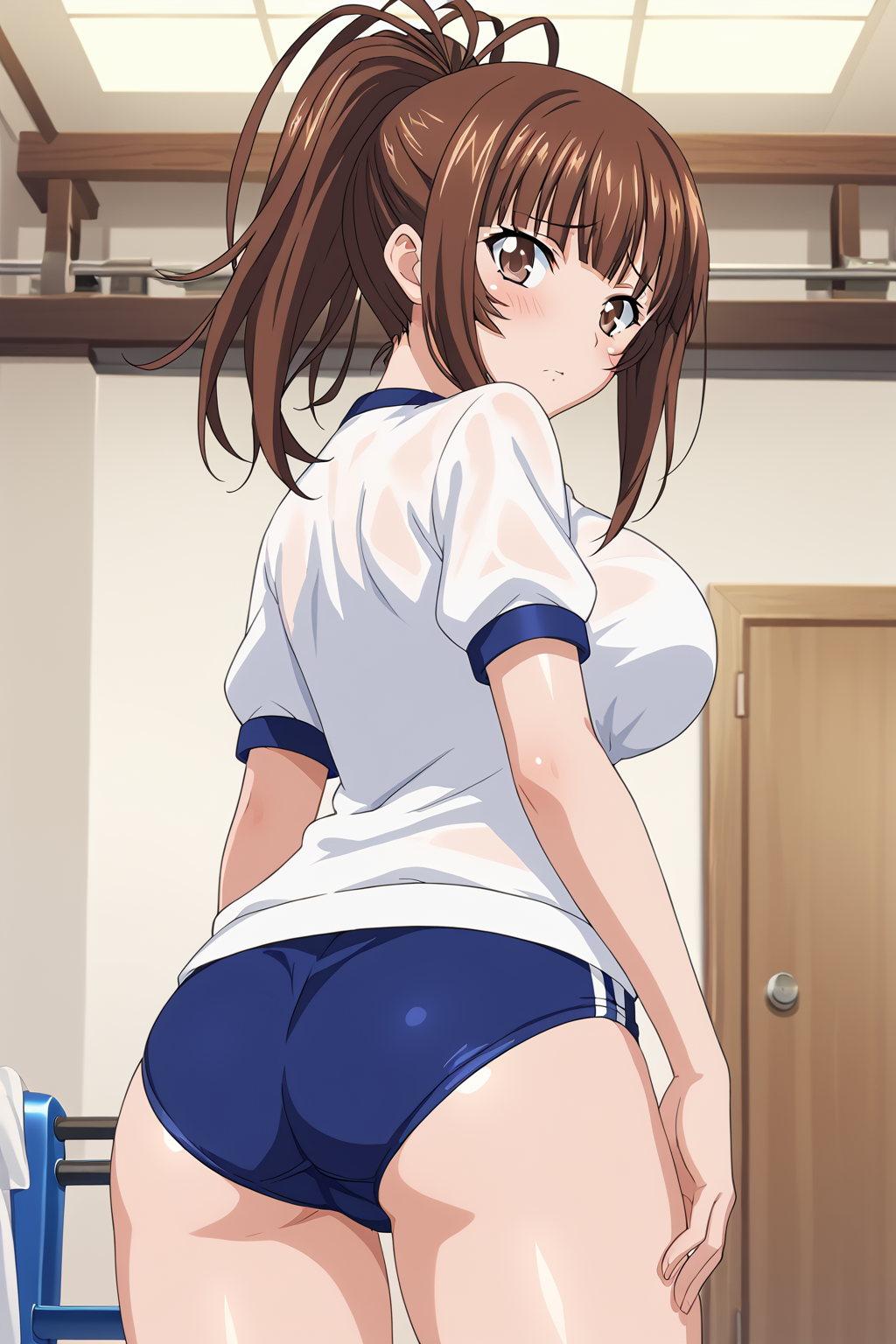 score_9, score_8_up, score_7_up, BREAK source_anime, masterpiece, anime screencap, shiny skin,
1girl, solo, yagyu, long hair, bangs, high ponytail, brown hair, brown eyes, large breasts, 
 <lora:yagyu_mitsuyoshi_pony:1>
gym uniform, white shirt, blue buruma,
standing, back shot, cowboy shot, blush,