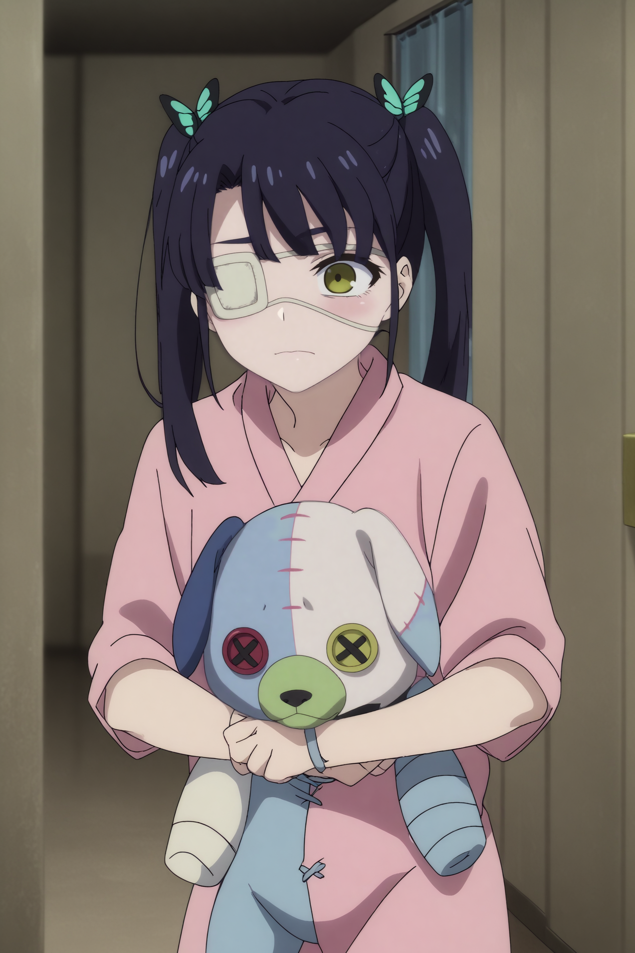  yoshida yae,1girl,solo,eyepatch,twintails,stuffed toy,hair ornament,butterfly hair ornament,stuffed animal,stuffed bunny,medical eyepatch,bangs,upper body,emotionless BREAK indoors,hospital    <lora:Yoshida_Yae_-_Wonder_Egg_Priority.safetensors:0.8> <lora:detailed_backgrounds_v2.safetensors:0.5> <lora:lowlight.safetensors:0.5>