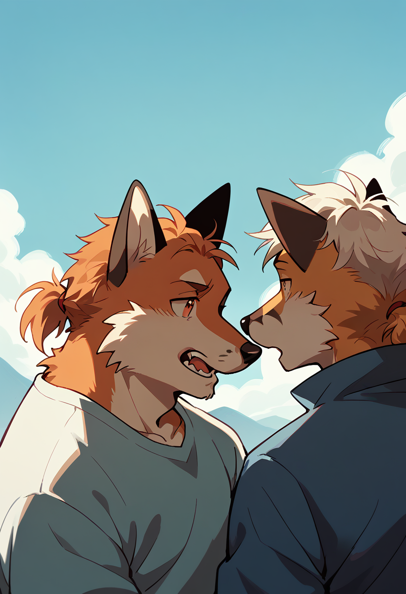 score_9, score_8_up, score_7_up, high quality, hires, by fruitz, furry, fox, 2boys, duo, ponytail, <lora:Fruitz_style:1.2>