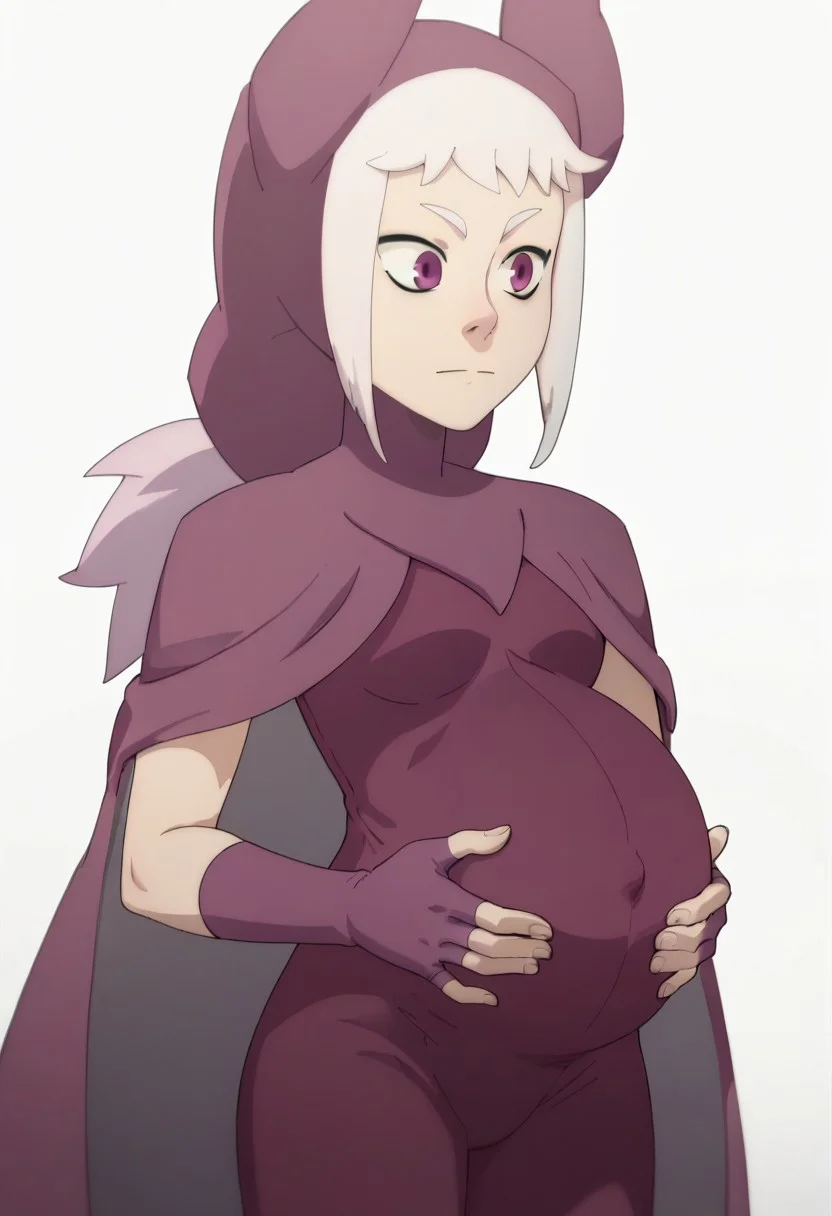 score_9, score_8_up, score_7_up, hoods_entertainment, 1girl, solo, pregnant, norawakfu, white hair, purple eyes, hood, horns, hood, horns, cloak, fingerless elbow gloves, bodysuit, cape, standing, holding belly, covered belly, covered navel, white background,