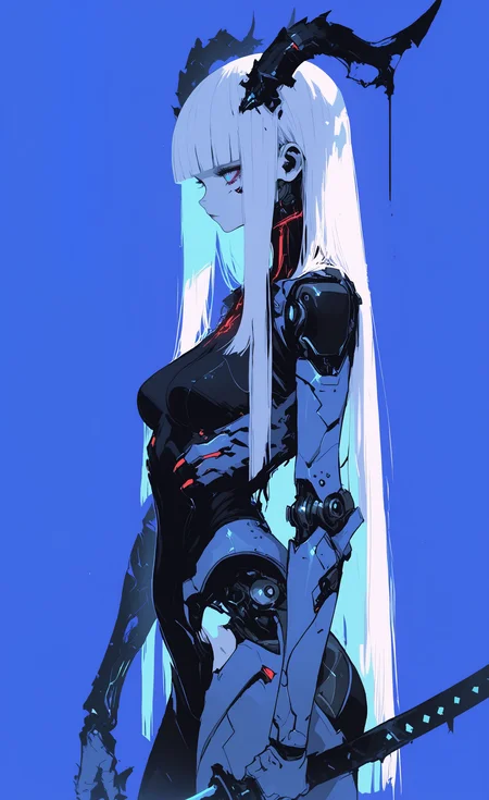 masterpiece, best quality, amazing quality, highres, 1girl, solo, long hair, breasts, blue eyes, simple background, holding, closed mouth, very long hair, white hair, weapon, horns, sword, blunt bangs, holding weapon, armor, from side, bodysuit, blue background, expressionless, holding sword, katana, science fiction, blue theme, black horns, joints, mechanical arms, cyborg, robot joints, cyberpunk, GTHAN, r17329_illu,
glowing, xxx667_illu, <lora:illustriousXL_stabilizer_v1.23:0.3> <lora:NOOB_vp1_detailer_by_volnovik_v1:0.3> <lora:ponyv6_noobE11_2_adamW-000017:0.45> <lora:XXX667:0.5> <lora:r17329_illuu:0.3> <lora:GTHAN-IL:0.8>