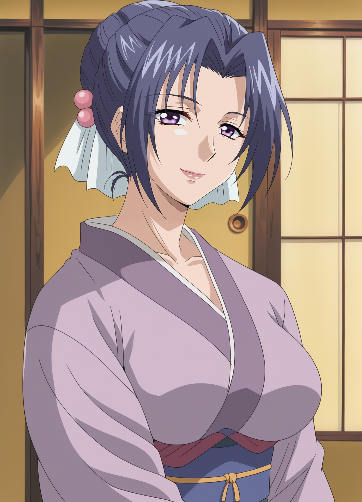<lora:Azusa-Ryoujoku_Hitozuma_Onsen:0.8>,Azusa,mature female,1girl,solo,blue hair,hair ornament,purple eyes,large breasts,kimono,upper body,looking at viewer,smile,indoors