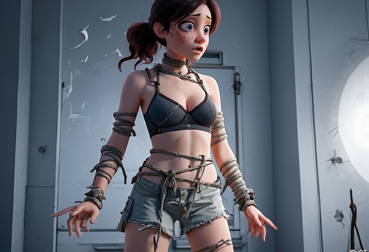 Disney Pixar style and quality, woman with dark brown hair and dark red highlights in a pony tail hairstyle, medium teardrop breasts,wide thigh gap,, tied up with shibari rope bondage, crotch rope, small teardrop breasts, tied breasts, sad, scared, frightened, crying, ruined makeup, wearing light-coloured everyday panties and bra, bruised face, cum on body,MangaPanel