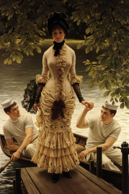 jati1 painting of a serene late 19th-century Victorian era riverside setting with
a woman and two men.
The woman stands at the center, dressed in a voluminous, cream-colored dress with a floral pattern, adorned with a black lace overlay and a bustle at the back. The two young men are sitting in a rowing boat, they wear small sailor's caps. The woman's hand is touching the man's raised hand.
<lora:jati1_cap_d6a3:1.0><lora:817318288003449448:0>