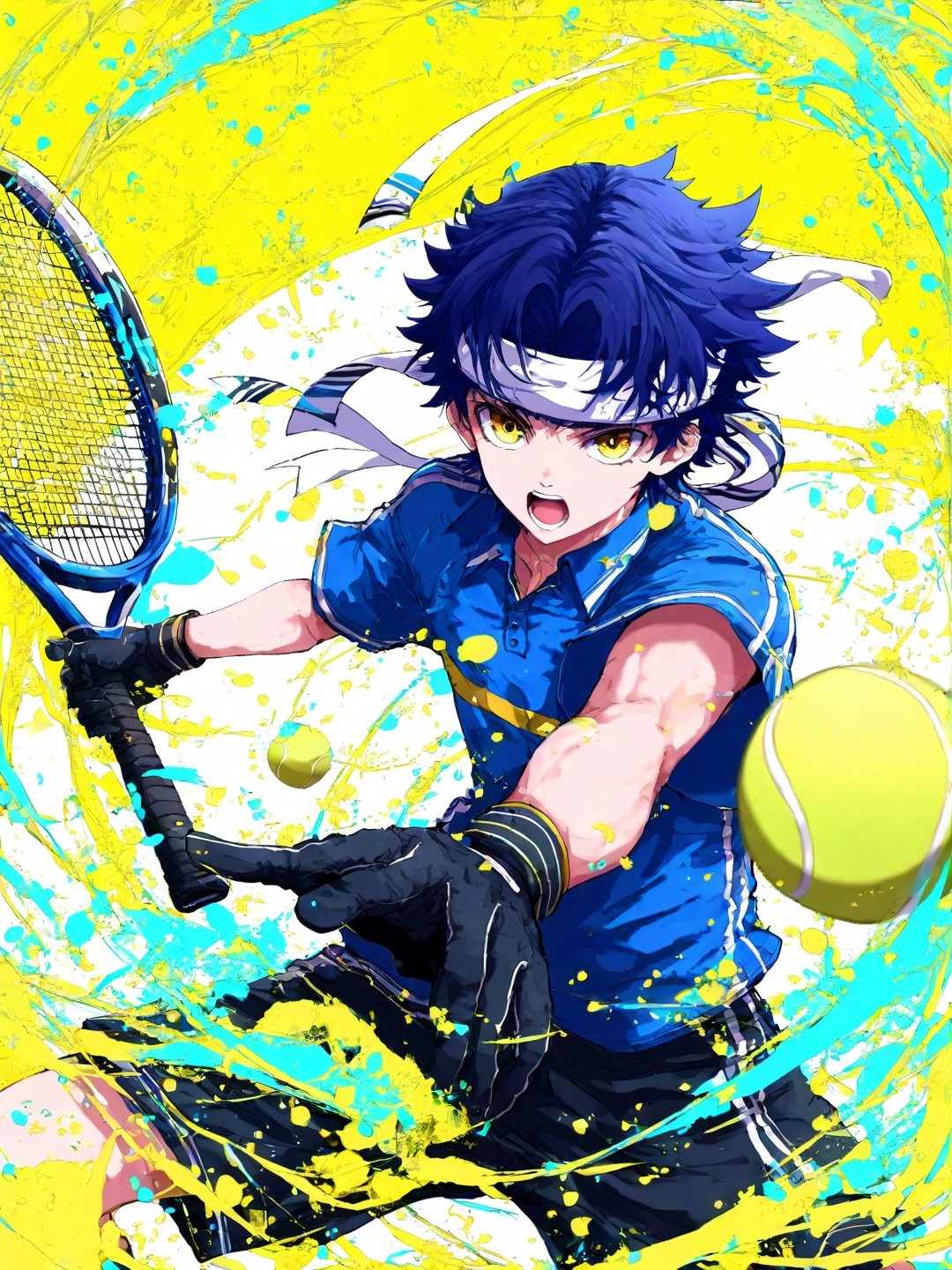 <lora:Osu250130:1>,Osu, 1boy, male focus, racket, solo, tennis racket, headband, tennis ball, gloves, blue hair, open mouth, holding, short hair, looking at viewer, yellow eyes, black gloves, ball