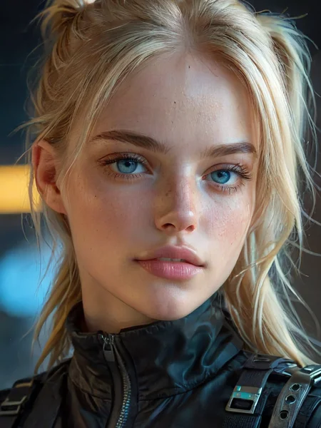 oil portrait of a pretty woman, 4ng3l face, beautiful girl, full lips, cyberpunk, blue eyes, blonde brows, freckles, blonde hair, ponytail, detailed skin, cinematic, great shading, moody lighting