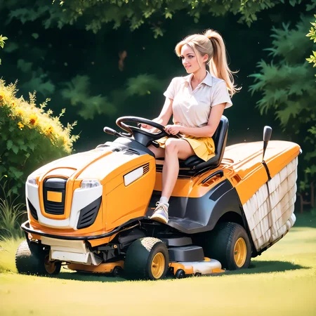 score_9, score_8_up, score_7_up, rilamo (side view) , (slim 25yo female) riding a lawn mower. yellow short skirt, white blouse, sneakers , long blonde ponytail <lora:RideLawnMowerPony:1>
