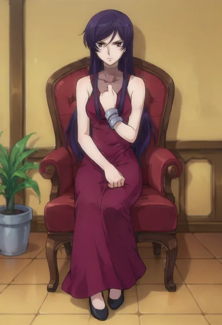 score_9,score_8_up,score_7_up,anime coloring BREAK source_anime,anime,<lora:Tieria_Erde_cross_dressed_Gundam_00_Pony:0.8>,tieriacd,1other,solo,red eyes,purple hair,long hair,crossdressing,bracelet,dress,purple dress,bare shoulders,serious,sitting,indoors,room,chair,full body,