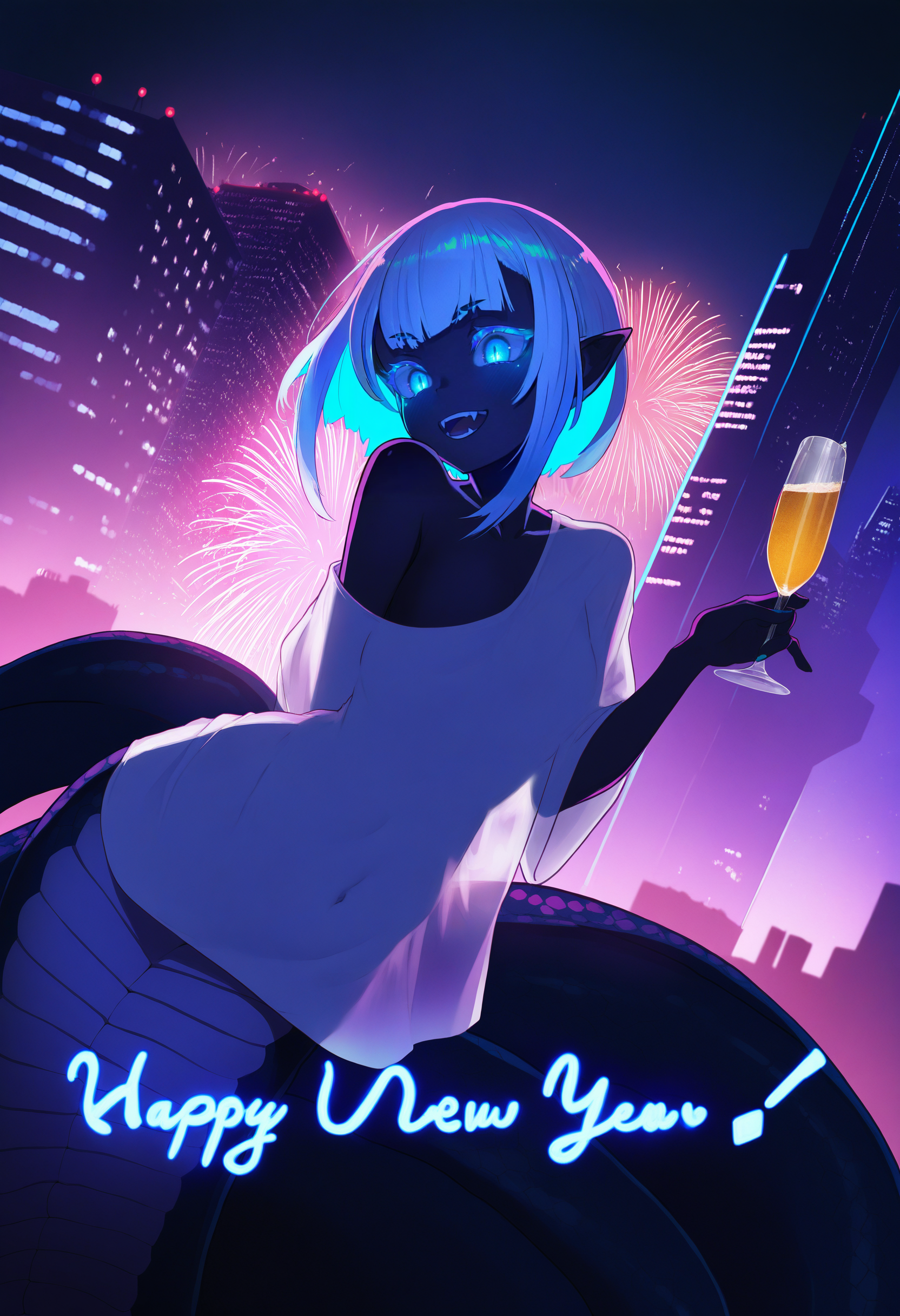 by [echanis enicha|mabo9317|ekrea jan|bell orgel|diyokama|yoneyama mai|lam|fuzichoco],
original, 1girl, monster girl, lamia, forked eyebrows, pointy ears, fangs, looking at viewer, blue eyes,
white hair, two-tone hair, blue hair, short hair, forehead,
black skin, navel, solo, tail, colored skin, white scales, cyber fashion,
ultraviolet, silhouette, see-through silhouette, ethereal glow, bloom, hdr, blue glow, see-through, blue glow, glowing, double exposure,
dutch angle, leaning to the side, off shoulder, holding glass, champagne flute,
2025, happy new year, english text,
dark, backlighting, fireworks, cityscape, billboard,
masterpiece, best quality, very awa, absurdres
<lora:noobai_epred_11_monster_girls_v1:1>