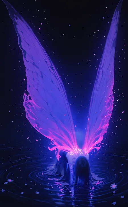 masterpiece, best quality, amazing quality, 1girl, solo, long hair, dress, bare shoulders, flower, wings, water, petals, bug, all fours, fairy wings, fairy, falling petals, dark background, ripples, insect wings, butterfly wings,(glowing wings:1.3), (Light Particles:1.2), nhl-001, limited palette, realistic,painterly,glowing <lora:noobai_ep11_stabilizer_v0.138_fp16:0.3> <lora:NOOB_vp1_detailer_by_volnovik_v1:0.3> <lora:FreakyFreak:0.8> <lora:nhl-002-nai:0.7> <lora:XXX667:0.6> <lora:nhl-001-20:0.8>