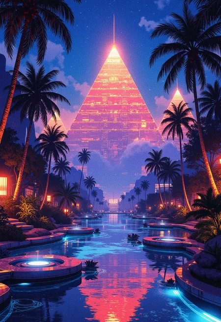A digital anime artwork in the style of cklg, A digital painting in the style of ck-js, pyramids, neon fire in the night, built from futuristic reflective ceramics, cascading holographic patterns, in a tropical oasis