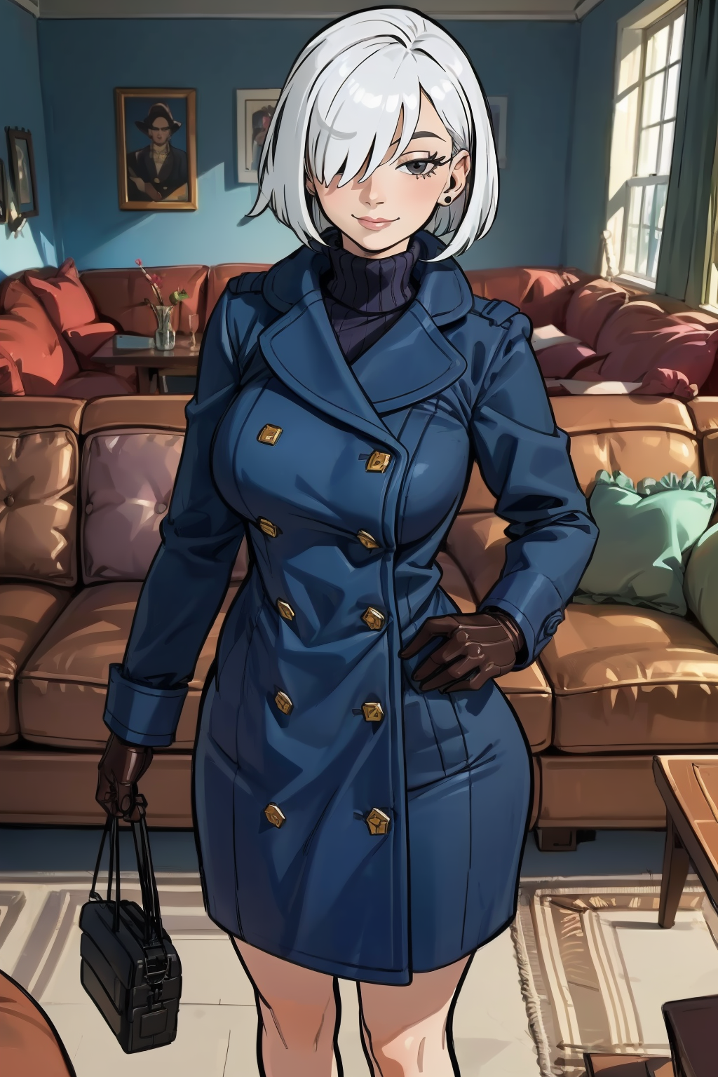 1girl, (solo:1.2), (standing:1.3), (posing for the camera:1.3), (cowboy shot:1.5), smile, happy, at ease, (curvy:1.2), (masterpiece:1.3), (best quality:1.3), (perfect anatomy:1.4), highly detailed, <lora:Nia4294 [MockAi - v1.0]:1> nia4294, (sketchy artstyle:1.3), vibrant colors, (simplified shading:1.2), saturated hues, film grain, <lora:Fiona Frost [h_madoka - v1.0]:0.7> fiona1, spy x family, hair_over_one_eye, brown gloves, buttoned up coat, blue coat, buttons, jewelry, turtleneck, earring, (white hair:1.2), large breasts, (living room scenery:1.4), inside, (comfy sofa:1.3)