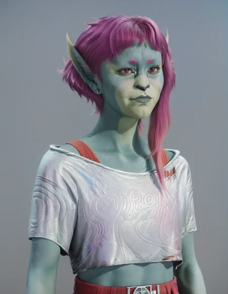 <lora:It-Z:1.3> itz, green skin, pointy ears, pink hair, furry skin, crop top, score_9, score_8_up, score_7_up, score_6_up